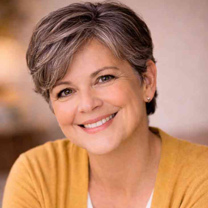 GraceVoice Woman with short silver hair smiling warmly in a yellow top