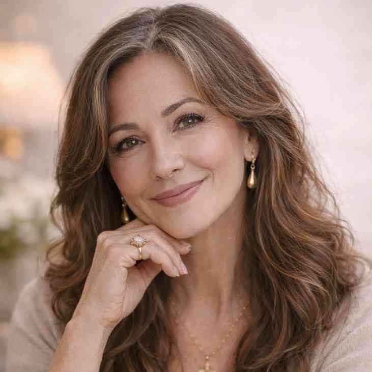 GraceVoice Smiling woman with long brown wavy hair and pearl earrings